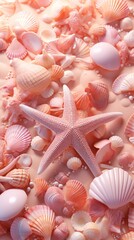 Vibrant coral colored seashells and starfish arranged on textured pink sand, evoking summer warmth.