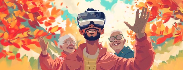 Illustration of virtual reality 3d augmented experience exited digital generate person wear vr glasses goggle headset hand  meets his dead parents, virtual world in generative ai