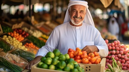 Obraz premium Elderly man in traditional attire joyfully selling a vibrant selection of fresh vegetables at a local market.