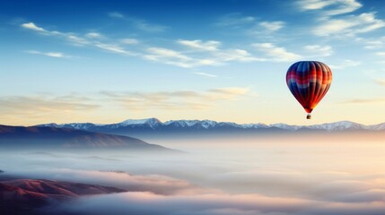 Colorful hot air balloon soaring over a serene landscape with foggy mountains and a warm sunrise.