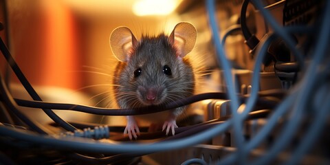 A detailed close-up of a curious rat peering through a tangle of computer cables, illuminated by warm backlight.