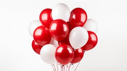 A bunch of helium balloons in red and white colors, ideal for celebrations, on a white background.