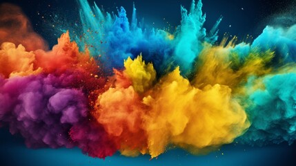 Vibrant multi-colored powder explosion captured on a dark background, artistic and dynamic.
