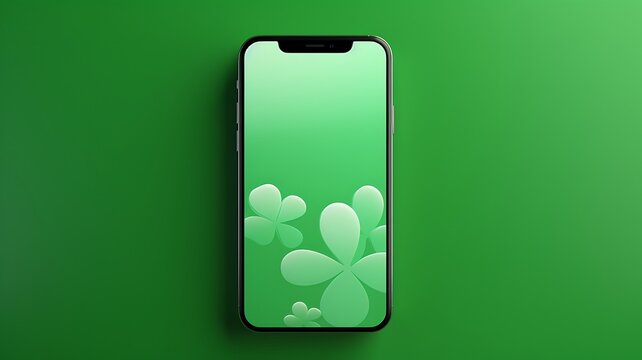 Smartphone com tela verde e ícones de trevo para sorte