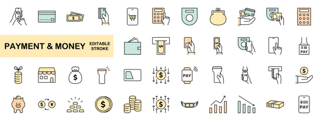 Money and payment simple color icons set. Editable stroke. Vector illustration.