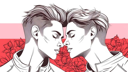  Ilustração linear delicada de casal masculino e rosas