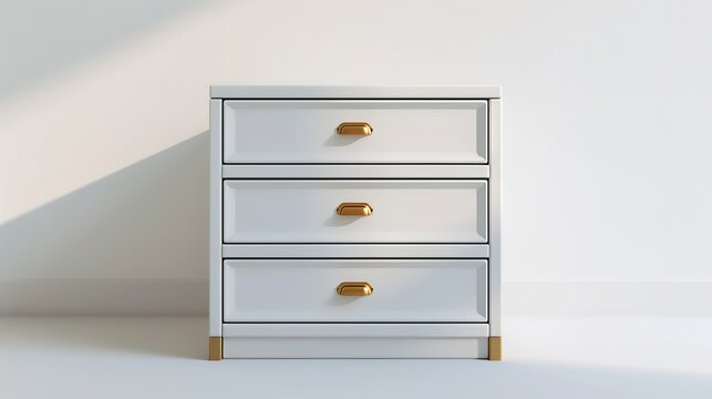 A white and gold cabinet with drawers. An essential piece of furniture to create a room with natural lighting. White cabinet in minimalist style.