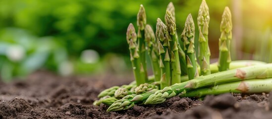 Organically grown asparagus in the garden. - obrazy, fototapety, plakaty