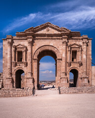 Jerash, Jordan November 9 2022: The largest roman city remaining. Hadrians gate marks the entrance...