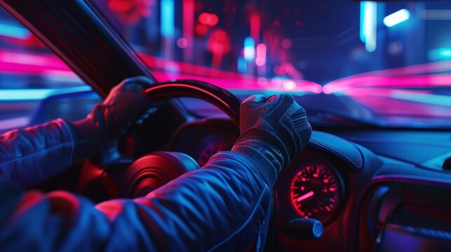 From behind the wheel we see the drivers intense concentration as their gloved hands grip the steering wheel neon on the dashboard flickering in rhythm with the engine.