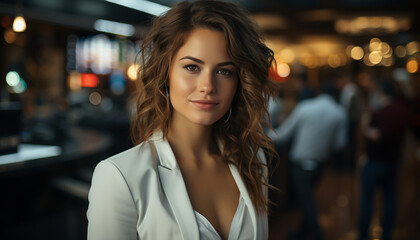 Young woman, confident and smiling, looking at camera outdoors at night generated by AI