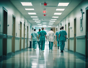 Busy hospital, corridor, with diverse doctors in motion, suitable for medical, healthcare services, cinematic, realistic.