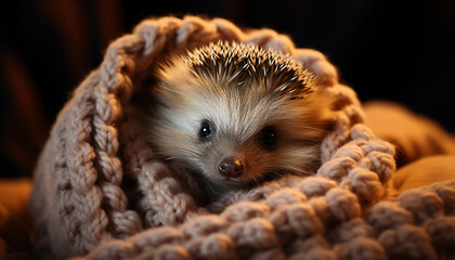 Obraz premium Cute small hedgehog looking at camera, fluffy fur and bristle generated by AI