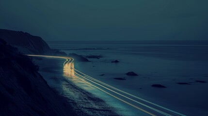 The headlights of cars traveling along the coast leave behind a sparkling wake as they p reflecting the everchanging nature of a coastal journey. - obrazy, fototapety, plakaty