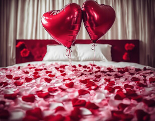 Valentine Day Theme, with Heart, Balloons and Roses, petals on the bed, romantic, photography, cinematic, couple, relationship, cute, cozy