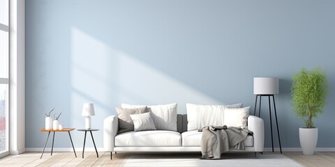 Living room interior with metal coffee table, grey armchair, white sofa, blanket and pillow, and big painting on blue wall.