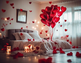 Valentine Day Theme, with Heart, Balloons and Roses, petals on the bed, romantic, photography, cinematic, couple, relationship, cute, cozy