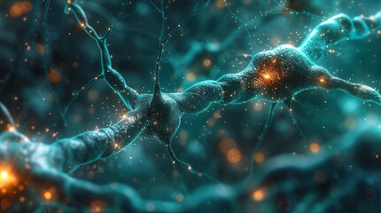 Conceptual illustration of neuron cells with glowing link knots in abstract dark space. - obrazy, fototapety, plakaty