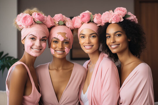 Joyful women making face masks at pajama party. Skincare concept, friends pampering together at home