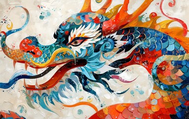 Very colorful and vibrant watercolor painting of rainbow dragon on white paper background.