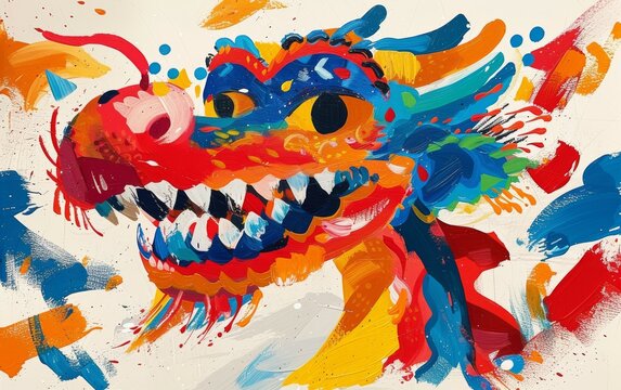 Very colorful and vibrant watercolor painting of rainbow dragon on white paper background.