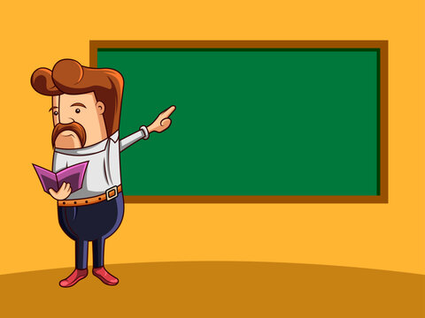 teacher teaching in classes on blackboard, cartoon illustration in vector