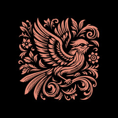 bird with vintage floral ornamet vector illustration, shirt design template