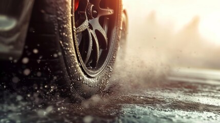 A closeup of a slick tire covered in a fine layer of rubber dust from the high speeds and intense...