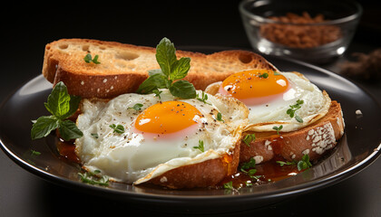 Freshness on plate gourmet meal, healthy eating, toasted bread, fried egg generated by AI