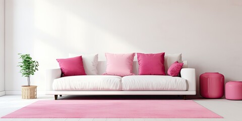 Bright living room with pink rug in front of white sofa and satin pillow, with empty wall.