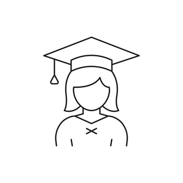 Female diploma. Woman with graduation cap icon line style isolated on white background. Vector illustration