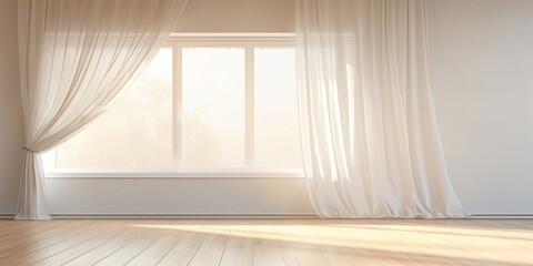 Minimalistic interior with open window, sun rays, and tulle background.