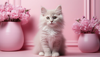 Cute kitten sitting, looking at camera, surrounded by pink flowers generated by AI