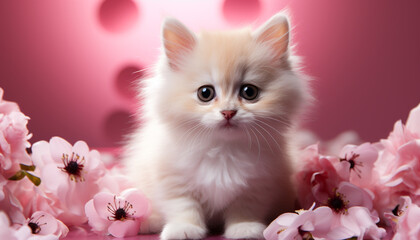 Cute kitten sitting, looking at camera, surrounded by flowers generated by AI