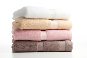 Soft Cotton Towel Stack: Clean Hygiene and Fluffy Comfort on White Background