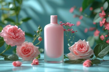 Obraz na płótnie Canvas Perfume bottle on pink water splash background. 3d rendering. Skincare cosmetic bottle