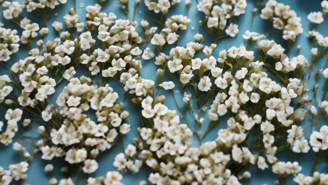 gypsophila flowers on blue background, motion