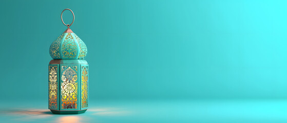 Arabic lantern ramadan on turquoise background. copy space concept, mockup. - obrazy, fototapety, plakaty