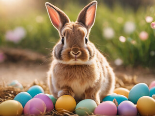 Fototapeta na wymiar Cute Bunny with Colorful eggs on the grass, Easter holiday background, realistic, real, photography, cinematic golden light, basket, space for text, happy easter.