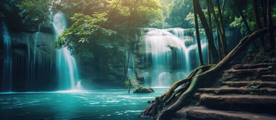 Beautiful waterfall in the forest with fresh green leaves and stones.