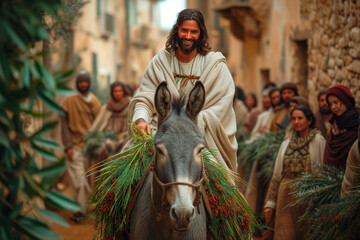 Fototapeta premium Jesus of Nazareth entering Jerusalem on a donkey on Palm Sunday, the animal and Messiah receiving the welcome of the people in its streets