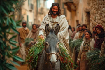 Fotobehang Jesus of Nazareth entering Jerusalem on a donkey on Palm Sunday, the animal and Messiah receiving the welcome of the people in its streets © Simn