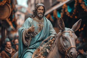 Tuinposter Figure of Jesus of Nazareth riding a donkey in the arrival to Jerusalem on Palm Sunday of Holy Week for processions, Tradition in the Christian streets © Simn