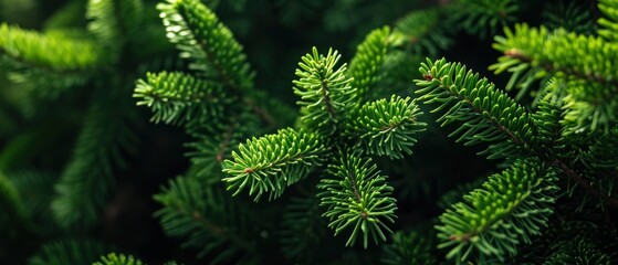 Fototapeta na wymiar Bright green pine needles set against dark background
