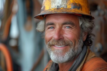 A rugged man with a warm smile and a hint of age, dons a yellow hard hat, accentuating his human face and showcasing his rugged headdress