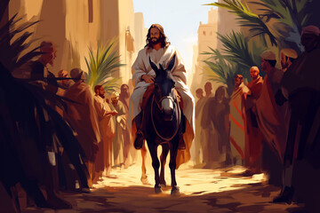 Jesus of Nazareth entering Jerusalem on a donkey on Biblical Palm Sunday, a drawing of the Messiah in the illuminated streets, receiving the welcome