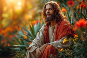 Portrait of Jesus of Nazareth, The Messiah arrives in Jerusalem smiling and sits to rest in the gardens of the ancient city