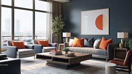 Aesthetic composition of modern elegant living room interior 