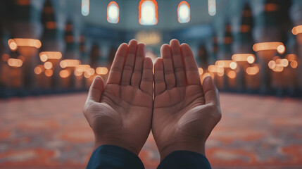 Close up hands Open up Palm Praying During Month of Ramadan, isolated at blurred mosque as background.