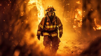 Firefighter man in the middle of fire putting out a forest fire